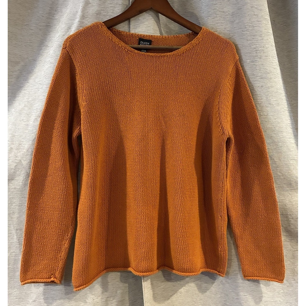 Eileen Fisher Womens Size L Heavy Knit Cotton Sweater Orange Pullover T-341